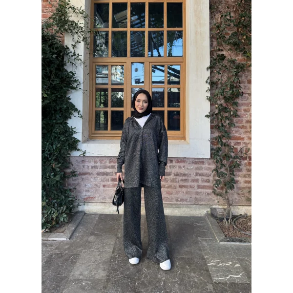 Simli Fermuarlı Triko Takım - Siyah