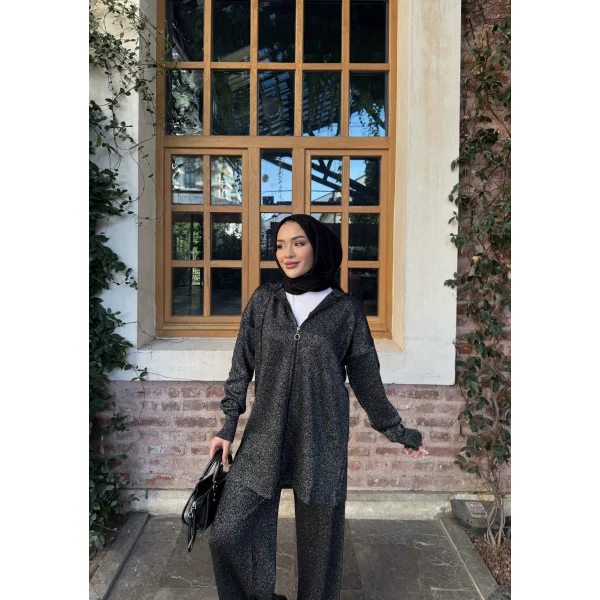 Simli Fermuarlı Triko Takım - Siyah