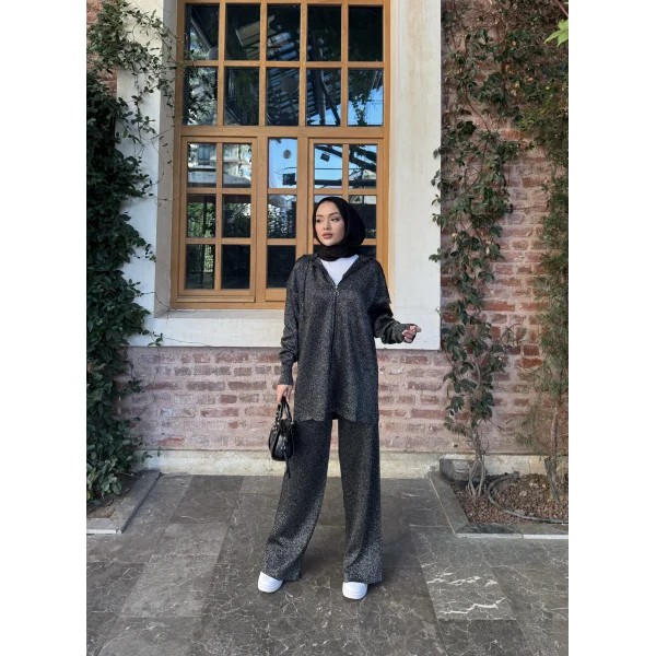 Simli Fermuarlı Triko Takım - Siyah