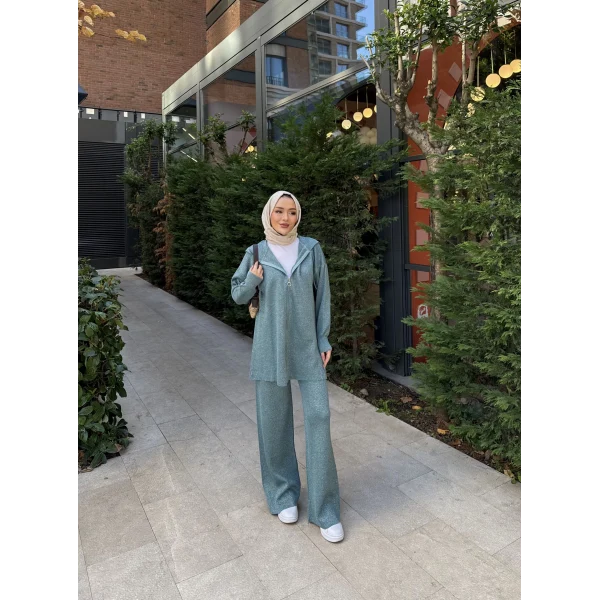 Simli Fermuarlı Triko Takım - Yeşil