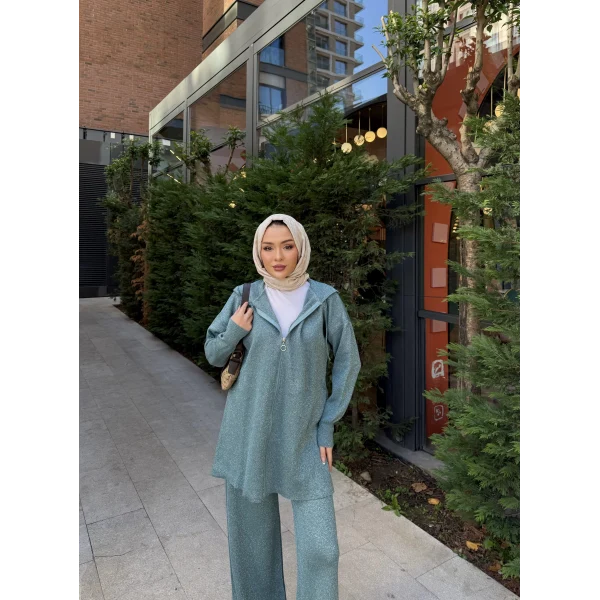 Simli Fermuarlı Triko Takım - Yeşil