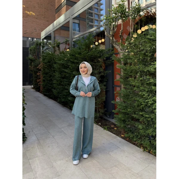 Simli Fermuarlı Triko Takım - Yeşil