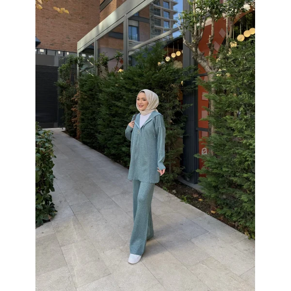 Simli Fermuarlı Triko Takım - Yeşil