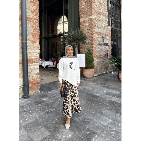 Şinda Leopar Detaylı Takım - Beyaz