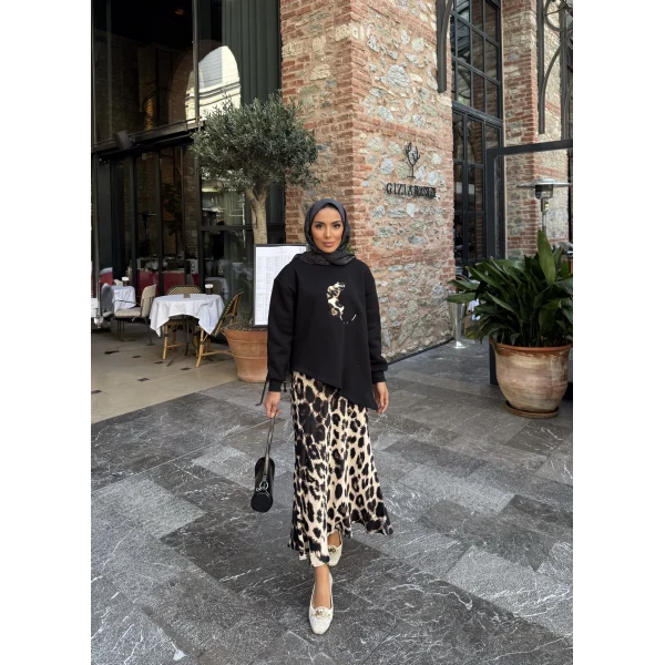 Şinda Leopar Detaylı Takım - Siyah