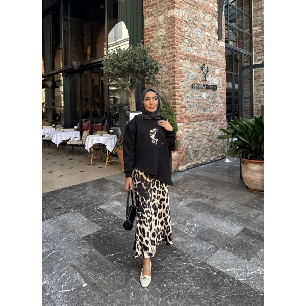 Şinda Leopar Detaylı Takım - Siyah