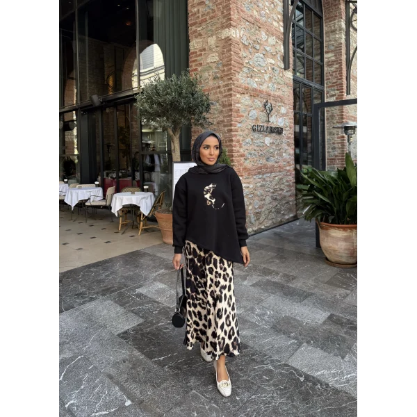 Şinda Leopar Detaylı Takım - Siyah