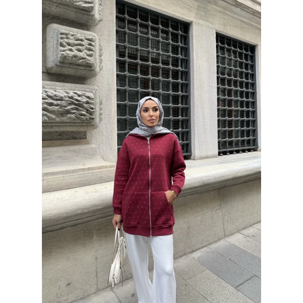 Soul Taşlı Hırka - Bordo