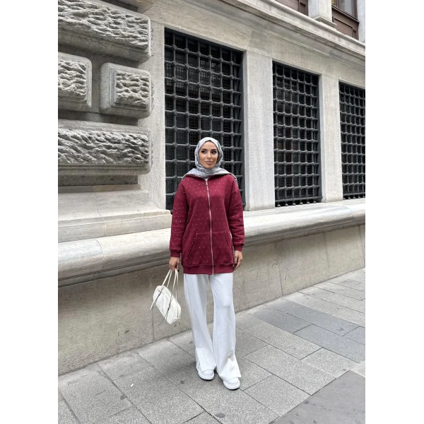 Soul Taşlı Hırka - Bordo