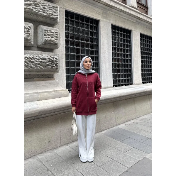 Soul Taşlı Hırka - Bordo