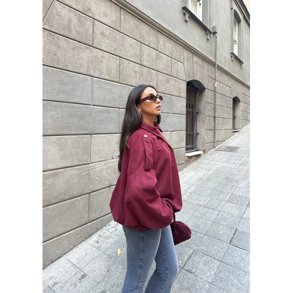 Süet Kumaş Bomber Ceket - Bordo