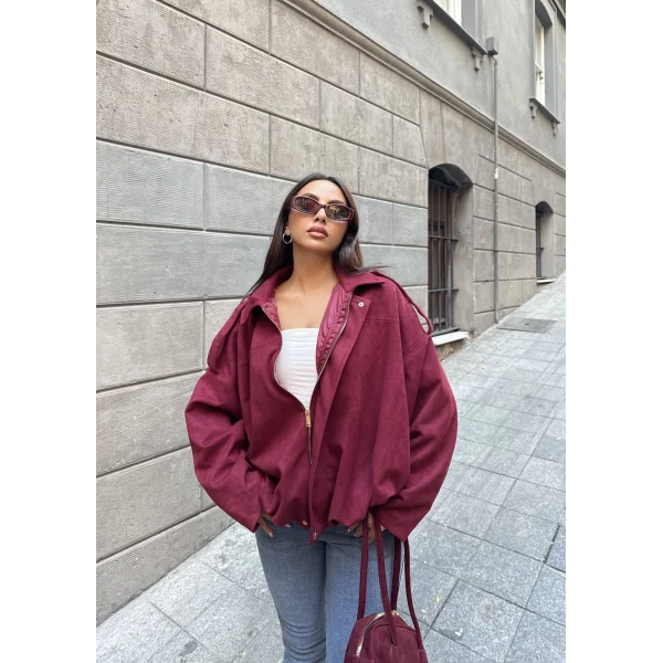 Süet Kumaş Bomber Ceket - Bordo