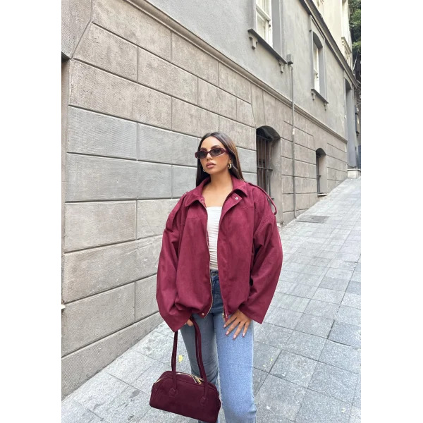 Süet Kumaş Bomber Ceket - Bordo