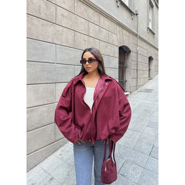 Süet Kumaş Bomber Ceket - Bordo