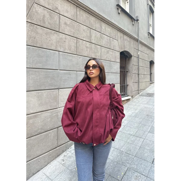 Süet Kumaş Bomber Ceket - Bordo