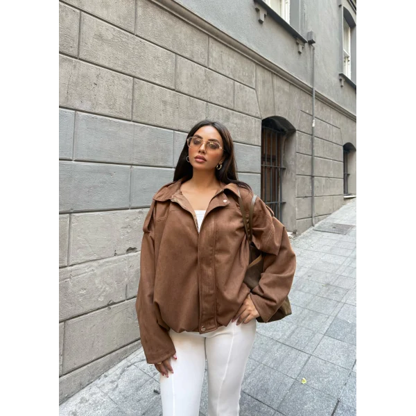 Süet Kumaş Bomber Ceket - Kahve