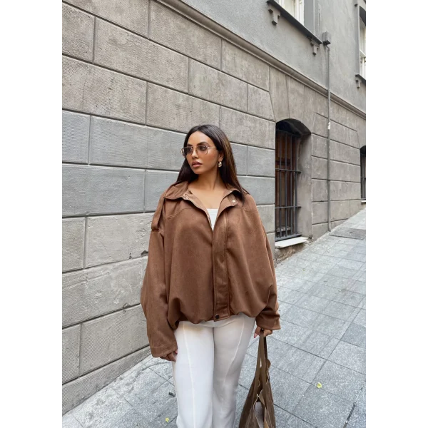Süet Kumaş Bomber Ceket - Kahve