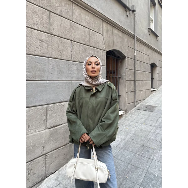 Süet Kumaş Bomber Ceket - Yeşil