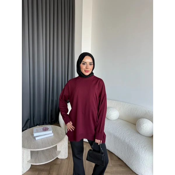 Sümy Kol Katlamalı Triko Kazak - Bordo