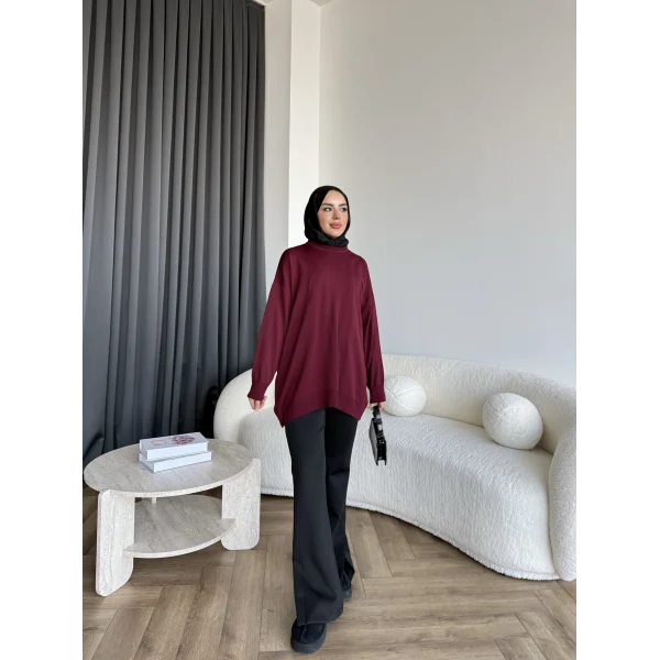 Sümy Kol Katlamalı Triko Kazak - Bordo