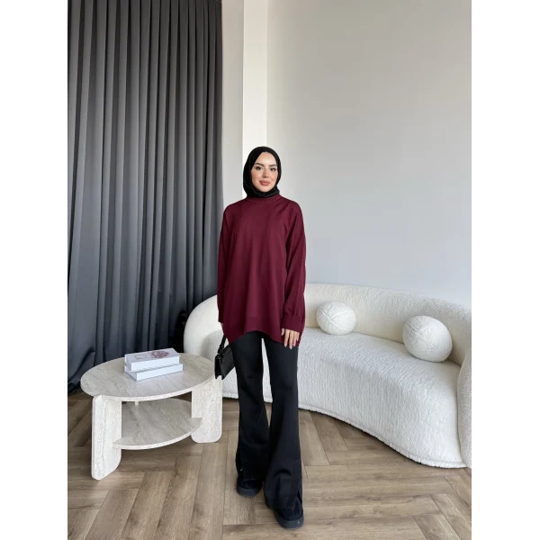 Sümy Kol Katlamalı Triko Kazak - Bordo