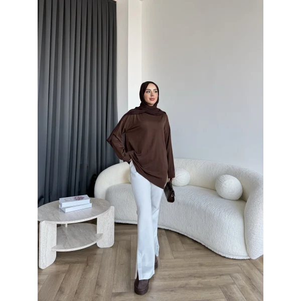 Sümy Kol Katlamalı Triko Kazak - Kahve