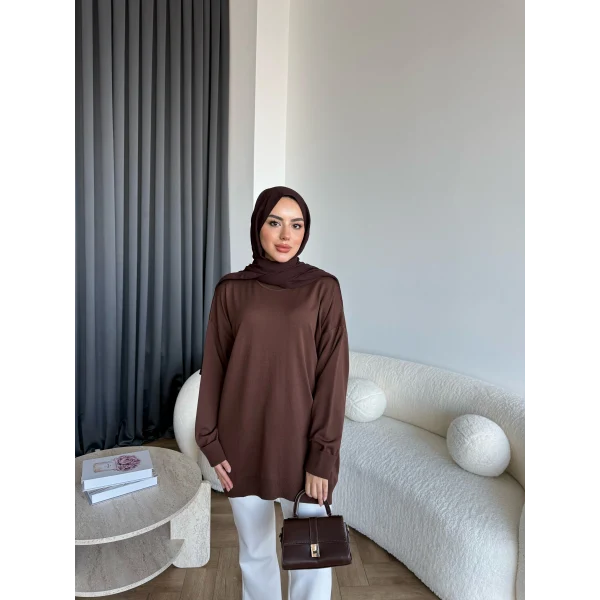 Sümy Kol Katlamalı Triko Kazak - Kahve