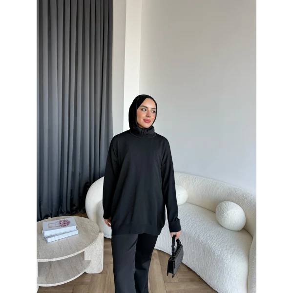 Sümy Kol Katlamalı Triko Kazak - Siyah