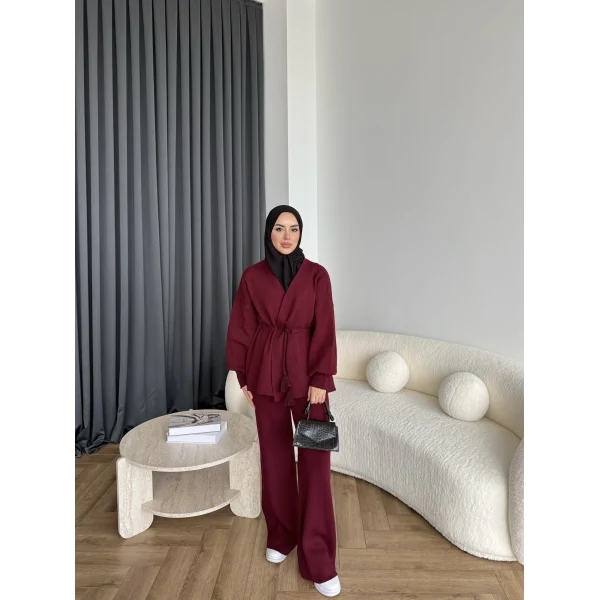 Sursula Ön Bağlamalı Triko Takım - Bordo