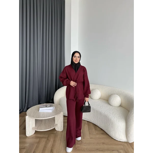 Sursula Ön Bağlamalı Triko Takım - Bordo