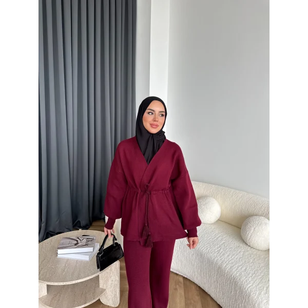 Sursula Ön Bağlamalı Triko Takım - Bordo