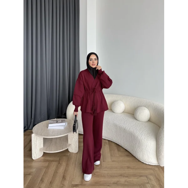 Sursula Ön Bağlamalı Triko Takım - Bordo