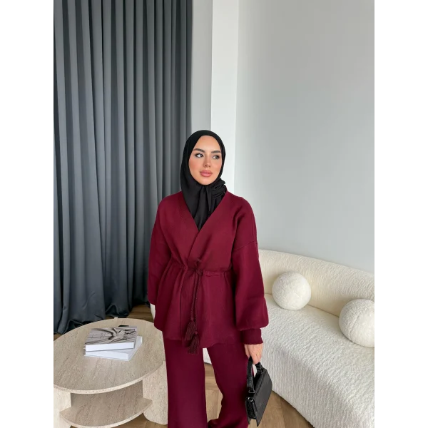 Sursula Ön Bağlamalı Triko Takım - Bordo