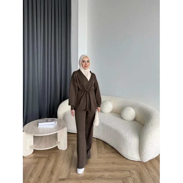 Sursula Ön Bağlamalı Triko Takım - Kahve