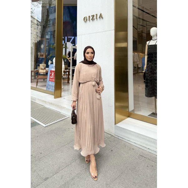 Talia Piliseli Şifon Elbise - Bej