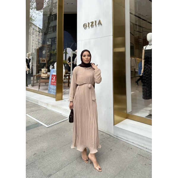 Talia Piliseli Şifon Elbise - Bej