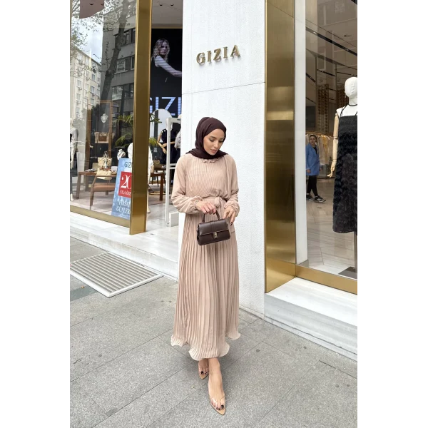 Talia Piliseli Şifon Elbise - Bej