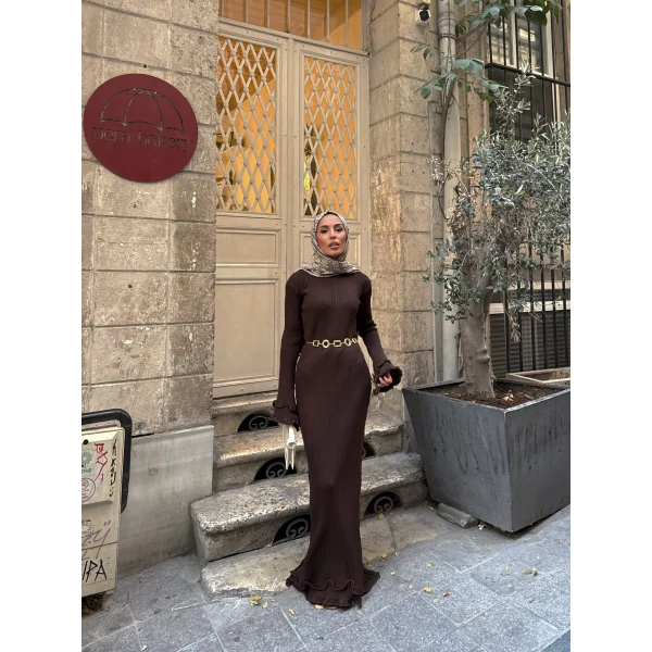 Tamara Kol Detaylı Elbise - Acı Kahve -