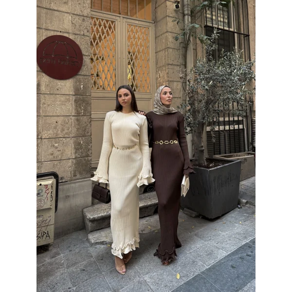 Tamara Kol Detaylı Elbise - Acı Kahve -