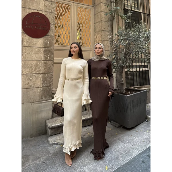 Tamara Kol Detaylı Elbise - Acı Kahve -