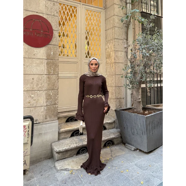 Tamara Kol Detaylı Elbise - Acı Kahve -
