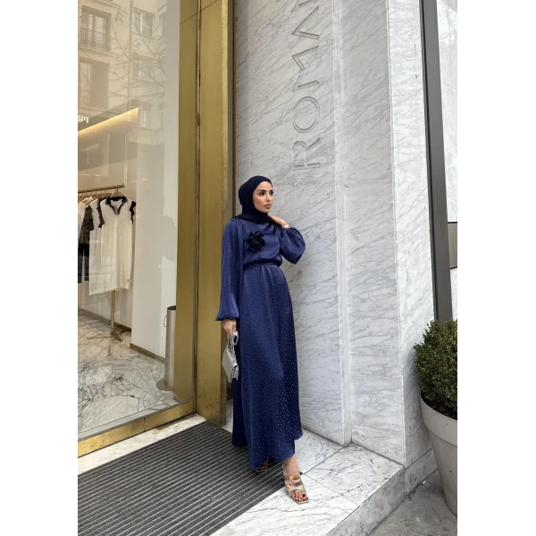 Taşlı Saten Elbise - Lacivert