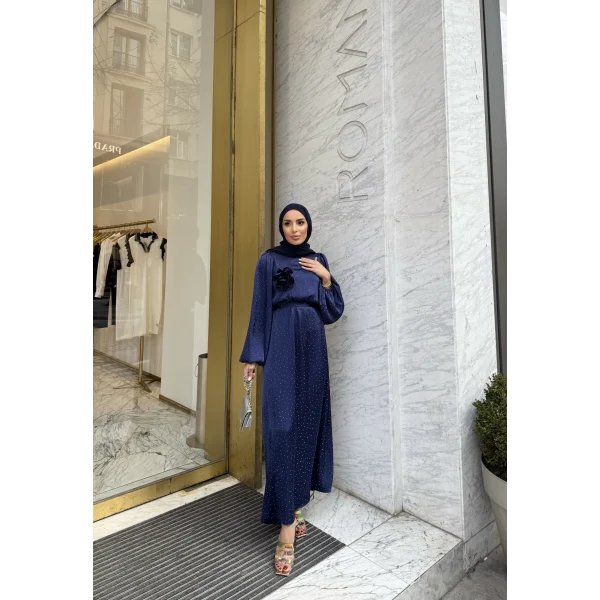 Taşlı Saten Elbise - Lacivert