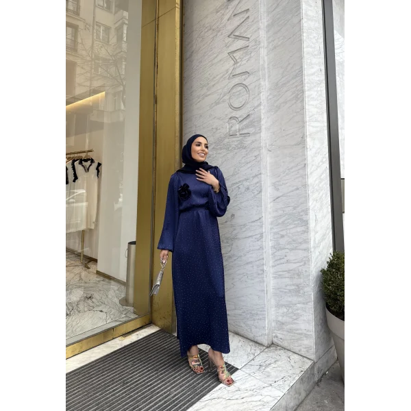 Taşlı Saten Elbise - Lacivert