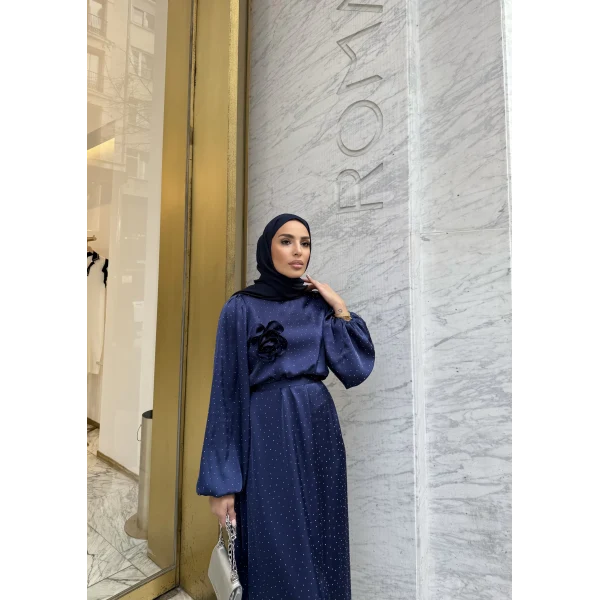 Taşlı Saten Elbise - Lacivert