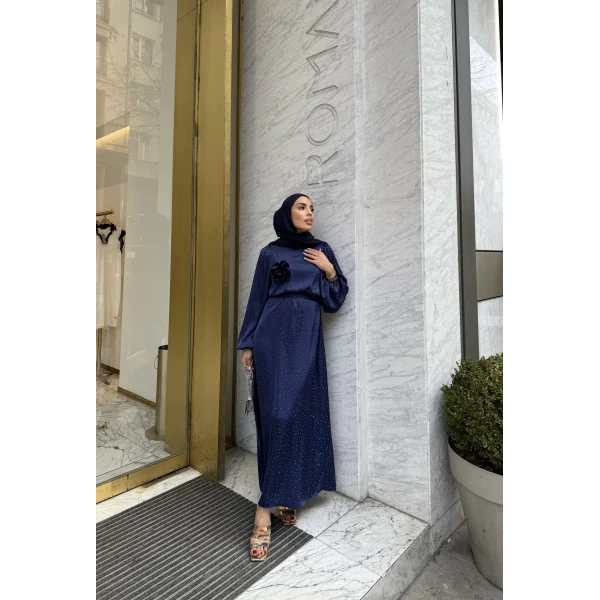 Taşlı Saten Elbise - Lacivert