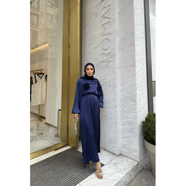 Taşlı Saten Elbise - Lacivert