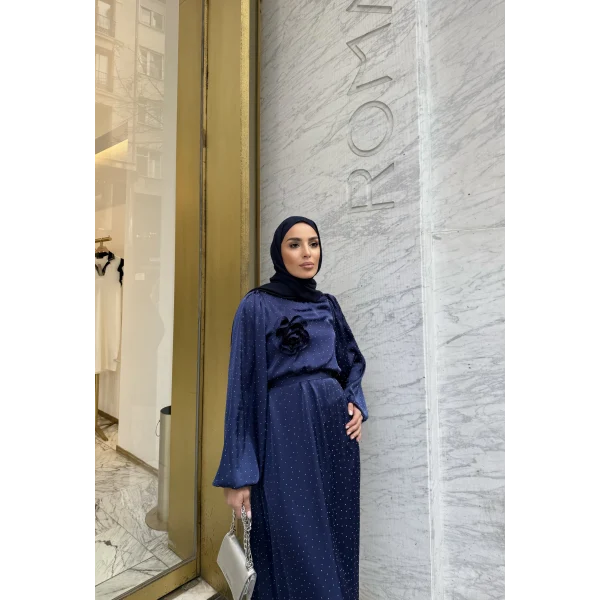 Taşlı Saten Elbise - Lacivert