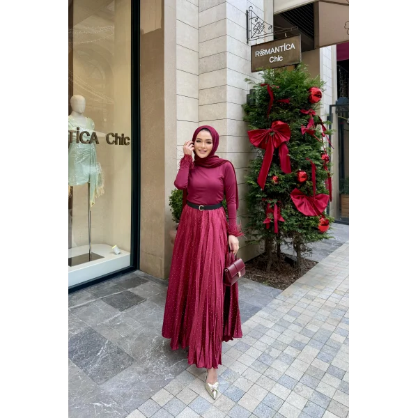 Taşlı Saten Etek - Bordo