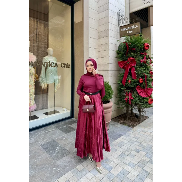 Taşlı Saten Etek - Bordo